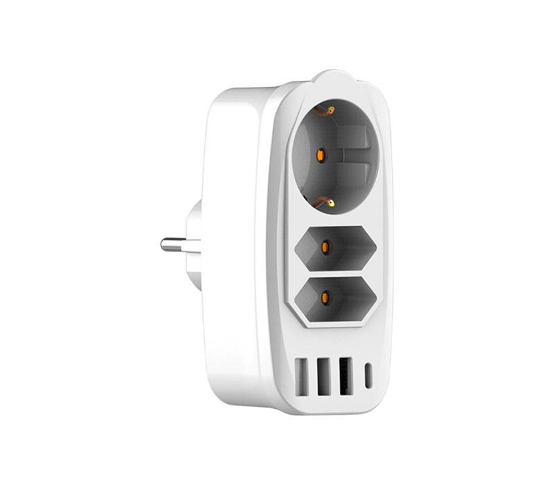 E06 Plug-in na multi-function na power strip na nagtatampok ng 2 European Type C socket, 1 European Type F socket, 3 USB-A port, at 1 USB-C port