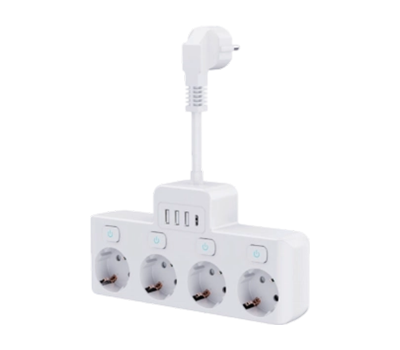 E14-4 Wired Power Strip na may 4 na European-Style Outlet, 3 USB-A Port, At 1 USB-C Port, na May Independent Switch