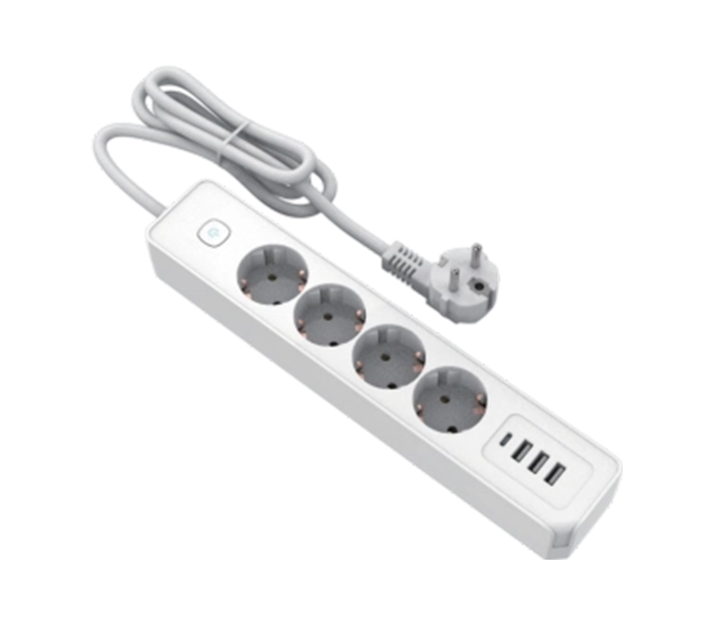 E21-4 European-Style Power Strip na may 4 Outlet, 3 USB-A Port, At 1 USB-C Port, May Switch
