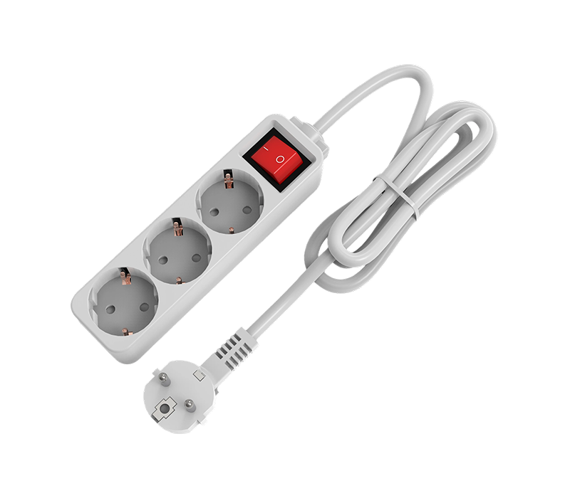 E10-3 European-Style Power Strip na may Tatlong Outlet, May Switch