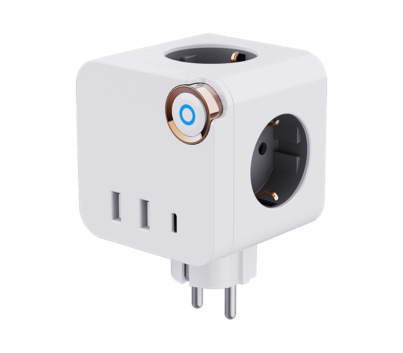 E19 Plug-In Cube Power Strip na May 3 European-Style Outlet, 2 USB-A Port, At 1 USB-C Port, na May Switch